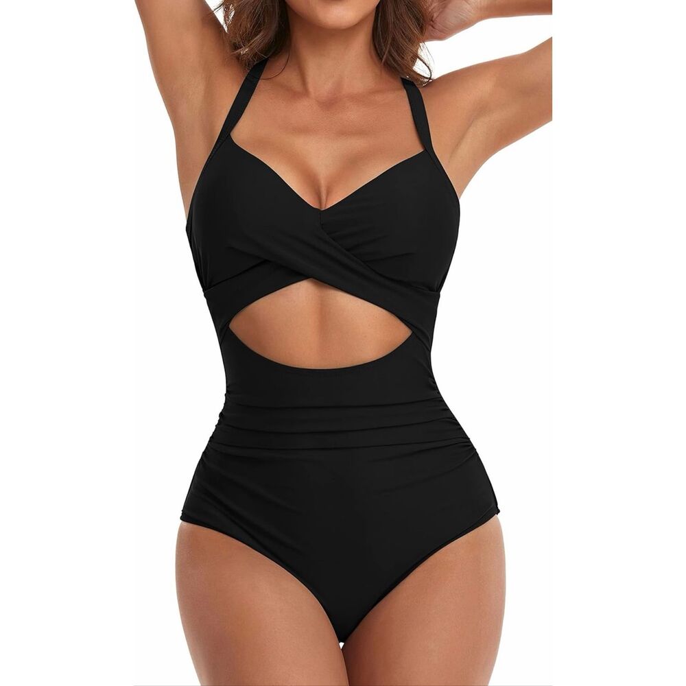EoMenie One Piece Swimsuit Tummy Control Cutout High Waist Tie Back Black Size L